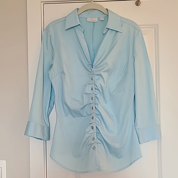 NY&C Eggshell Blue Blouse with faint polka-dot pattern. 3-quarter sleeves. Sz M - Picture 1 of 3